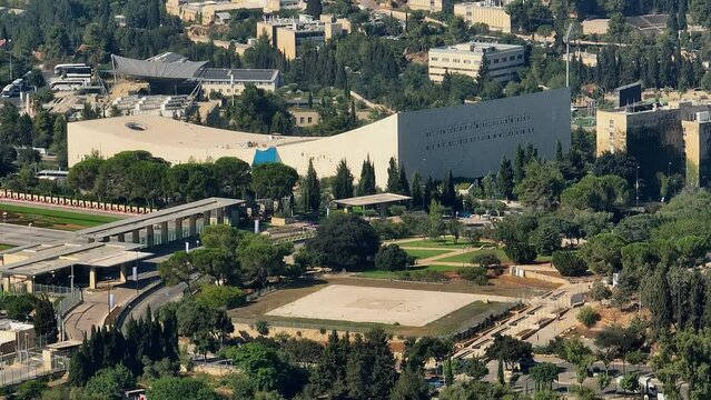Knesset parliament Israeli government building in Jerusalem, aerial drone view 4k