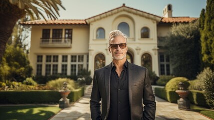 Photo of an affluent middle-aged man in front of her mansion in Beverly Hills