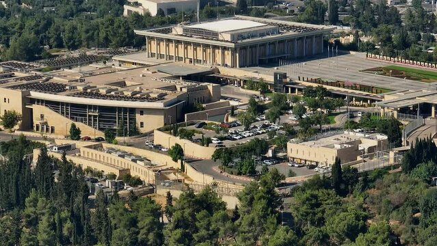 Knesset parliament Israeli government building in Jerusalem, aerial drone view 4k