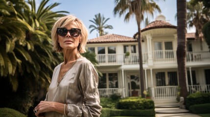 Fototapeta premium Photo of an affluent middle-aged woman in front of her mansion in Beverly Hills