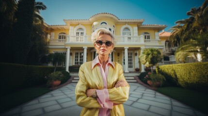 Photo of an affluent middle-aged woman in front of her mansion in Beverly Hills