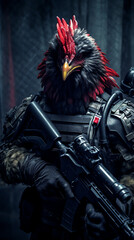Chicken rooster animal soldier with rifle. Generative AI