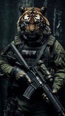 Fototapeta na wymiar Tiger animal soldier with rifle. Generative AI