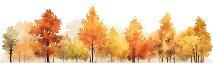 Autumn trees  watercolor horizontal banner isolated on transparent background - obrazy, fototapety, plakaty