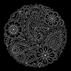 Outline round flower pattern in mehndi style for coloring book page. Antistress for adults and children. Doodle ornament in black and white. Hand draw vector illustration.