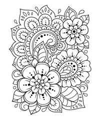 Outline floral pattern in mehndi style for coloring book page. Antistress for adults and children. Doodle ornament in black and white. Hand draw vector illustration.