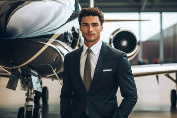 Fototapeta na wymiar Handsome man in suit stands by a fancy plane. Represents successful life. Ideal for luxury and success themes