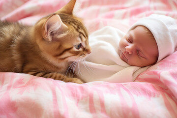 Beb&eacute; adormece com o gatinho num ambiente de paz e amor. 