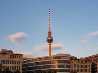 Cityscape view of the TV tower in Berlin. Landscape of the evening city