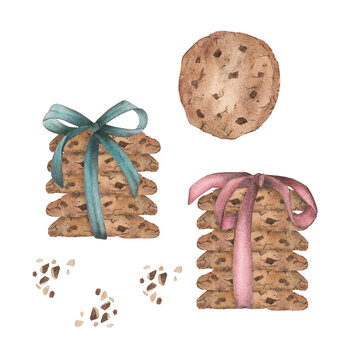 Two stacks of chocolate chip cookies with pink and blue bows, round cookies and crumbs isolated on a white background. Watercolor illustration of cookies for packaging design, textiles, cookbook