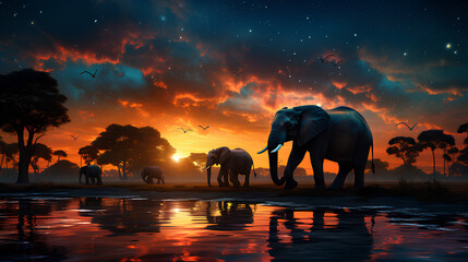 Fototapeta na wymiar african elephant in the starry night