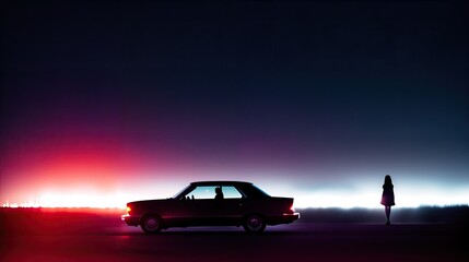 Fototapeta na wymiar silhouette of a girl and a car in the night