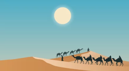 Tuinposter Camels in the desert. Vector illustration of a caravan of camels walking along the dunes in the desert. Template for creativity. © Evgeniy