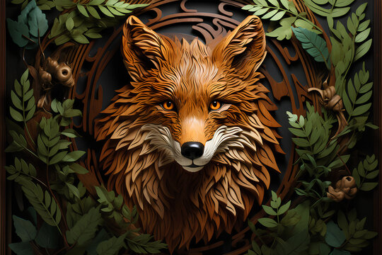  wooden figure of fox in the forest