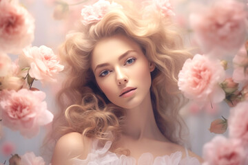 Abstract woman portrait with flowers on pink background. Makeup in soft pastel shades accentuates tenderness and romance. Banner. Generative Ai content. - Powered by Adobe