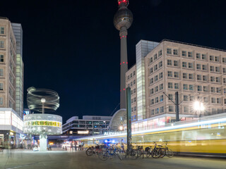 View of the central square of Berlin and the light trails left by cars. Night Berlin...