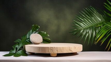 Natural stone pedestal. Stone podium display with green leaves. Copy space nature background. Cosmetics or beauty product promotion mockup. Trendy minimalist, art deco, generative ai