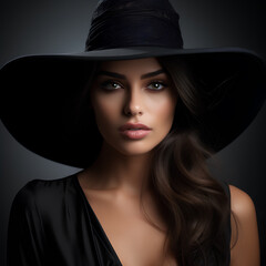 young woman in black dress and black hat