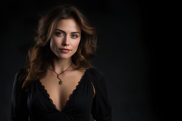 Fototapeta premium young beautiful woman with dark hair in a black dress.