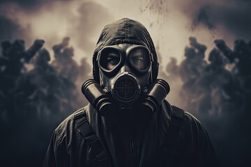 portrait of man wearing a gas mask forprotection - obrazy, fototapety, plakaty