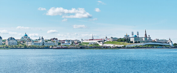Panorama of landmarks of Kazan, Russia. View from the Kazanka River.