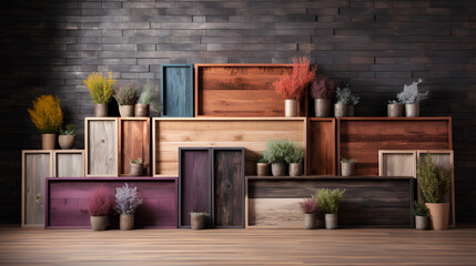 interior design of wooden shelves with plants