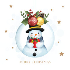 Watercolor illustration Christmas glass ball with snowman
