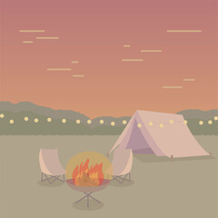 Evening Camping Tent Bonfire Vector Illustration