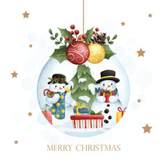 Watercolor illustration Christmas glass ball with snowman