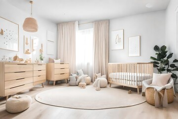 a minimalistic nursery with light wood accents and soft, muted colors