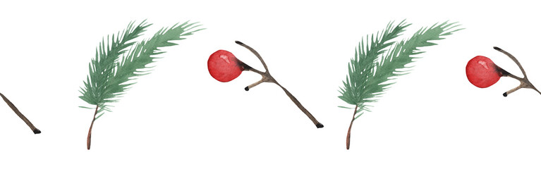 Christmas watercolor horizontal seamless  border with fir and holly berries on white backgground.Winter print.