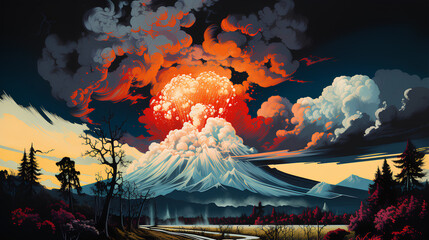 the eruption of volcano with red smoke in pop art style