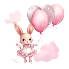 Obraz na płótnie Canvas Pink cute bunny with balloons watercolor cartoon illustration isolated on transparent background