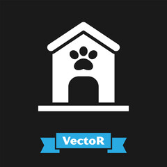 White Dog house and paw print pet icon isolated on black background. Dog kennel. Vector