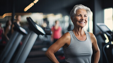 Obraz premium Say no to arthritis pain. Selective focus on a joyful woman smiling while lunging at fitness club.