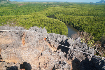 Landscape green nature of Ta Pe Canal with mangrove and lime stone mountain - unseen thailand from Horizon Views 360°   ฺBan Nam Rap or Khao jom Pa in Trang Thailand - Travel outdoor adventure 