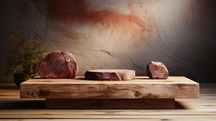 Natural wood and stone podium display with step pedestal. Copy space nature background. Cosmetics or beauty product promotion mockup. Trendy minimalist, art deco, generative ai