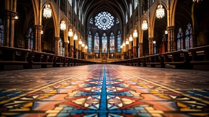 Intricate stained glass window casts colorful patterns on cathedral floor
