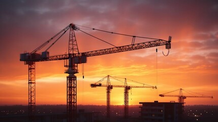 Silhouettes of towering cranes against a fiery sunset
