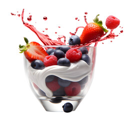 Yogurt and cream with fresh strawberries and blueberries isolated on transparent background