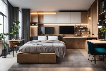 a compact studio apartment with space-saving furniture and multifunctional design