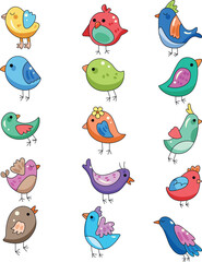 set of cartoon birds; Bright and simple vector illustration, isolated design elements; editable material