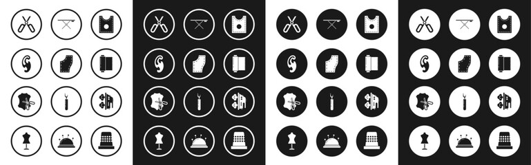 Set Sewing Pattern, French curves, Scissors, Textile fabric roll, Ironing board, Electric iron and and leather icon. Vector