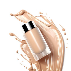 Liquid makeup foundation bottle with cosmetic cream splash isolated on transparent background