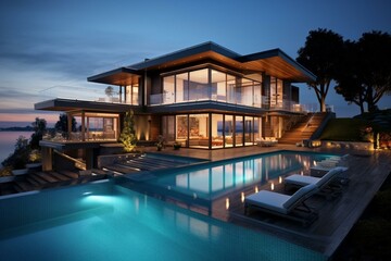 Contemporary home with pool. Generative AI