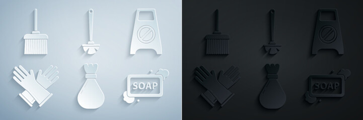 Set Garbage bag, Wet floor and cleaning in progress, Rubber gloves, Bar of soap with foam, Toilet brush and Handle broom icon. Vector
