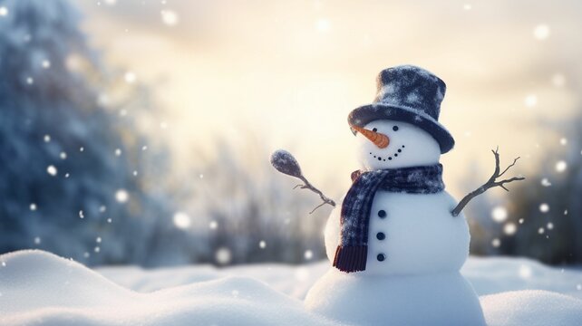 A cheerful and adorable snowman dressed in a black top hat and scarf stands on a snowy landscape. Christmas and New Year background