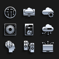 Set 3D printer, Gamepad, Laptop, Internet of things, Human brain as digital circuit board, Computer cooler, Cloud technology data transfer and storage and Processor icon. Vector