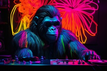 Vibrant portrayal of a neon disco gorilla DJ; purely imaginative. Generative AI