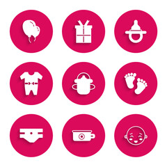 Set Baby bottle, potty, Happy little boy head, footprints, absorbent diaper, clothes, dummy pacifier and Balloons with ribbon icon. Vector